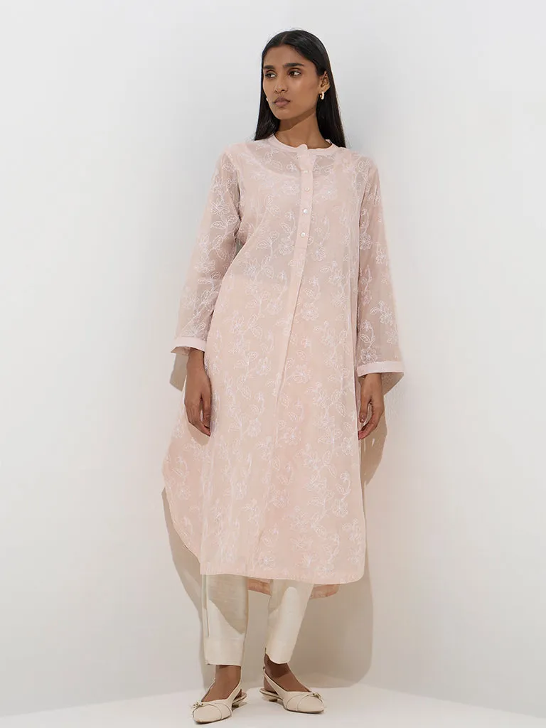Zuba Dusty Peach Embroidered A-Line Cotton-Blend Kurta