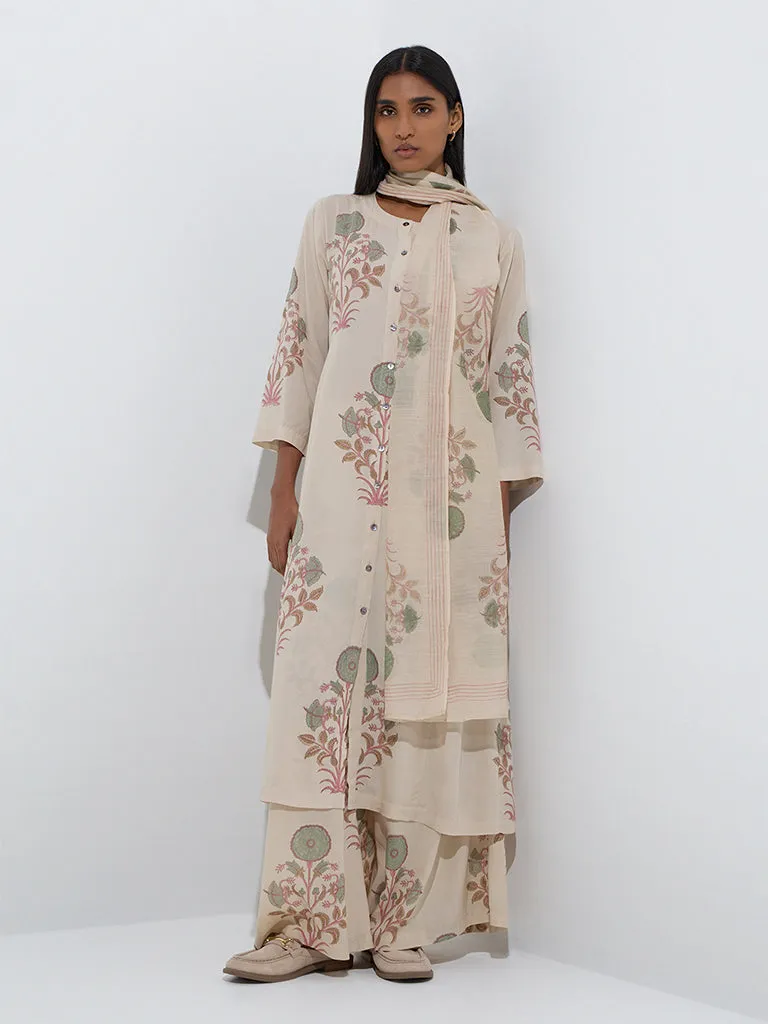 Zuba Off-White Floral Printed Dupatta