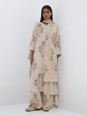 Zuba Off-White Floral Printed Dupatta