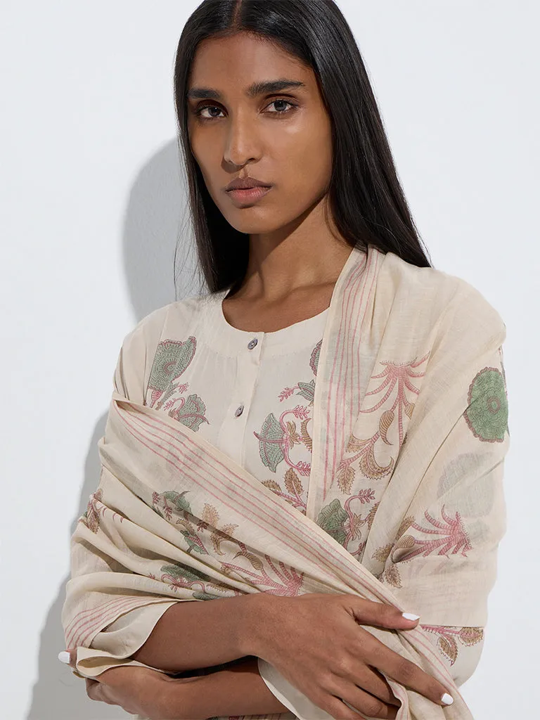 Zuba Off-White Floral Printed Dupatta